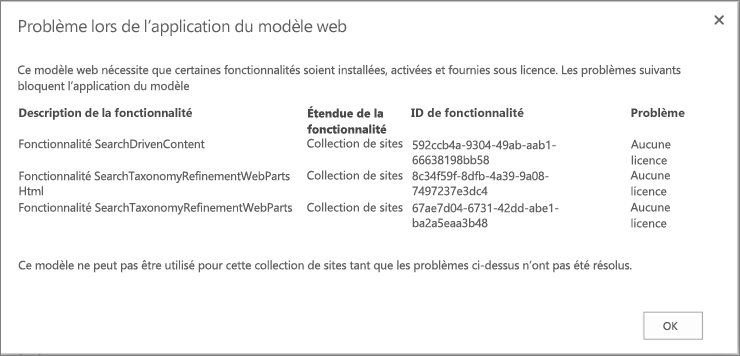 Capture d’écran d’un message d’erreur indiquant une erreur possible si des fonctionnalités non disponibles empêchent la création de site dans SharePoint Online