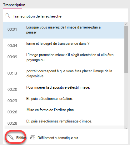 Cliquez sur le bouton Modifier situé en bas de la fenêtre de transcription