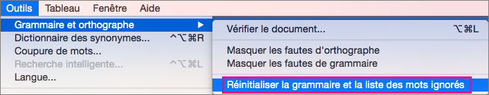 Pour effacer la liste des mots et points de grammaire que Word doit ignorer, cliquez sur Réinitialiser les mots et points de grammaire ignorés.