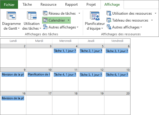 Capture d’écran composite des groupes Affichages des tâches et Affichages des ressources de l’onglet Affichage, et présentation d’un plan de projet dans l’affichage Calendrier.