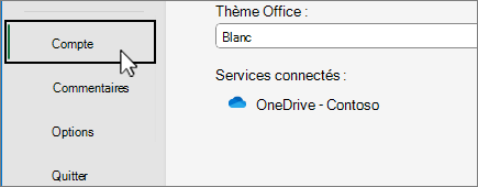 Élément de menu Compte sur le backstage sélectionné