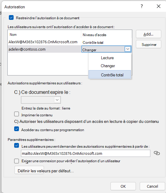 Boîte de dialogue Plus d’options des paramètres IRM affichant des options supplémentaires pour contrôler l’accès à un fichier.