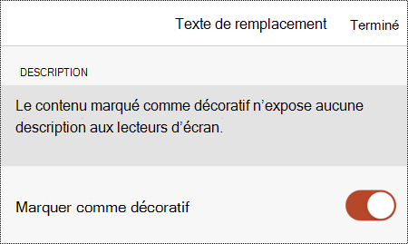 Option Marquer comme décoratif sélectionnée dans la boîte de dialogue Texte de remplacement dans PowerPoint pour iOS.