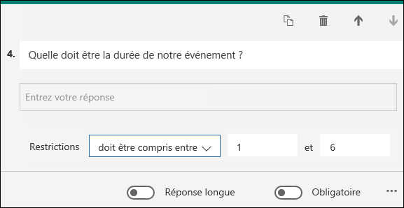 Question de type texte associée à une restriction de nombre comprise entre 1 et 6