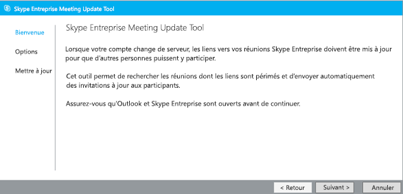 Capture d'écran de la page Bienvenue de Meeting Update Tool (outil de mise à jour des réunions Lync)