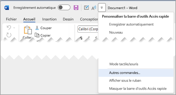 Personnaliser la barre d’outils Accès rapide avec d’autres commandes mises en évidence