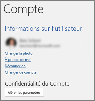 Le volet Compte affichant le bouton Confidentialité du Compte, Gérer les Paramètres