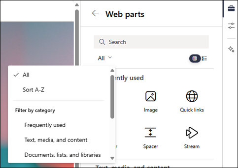 Filtrage des composants WebPart dans le niveau 2 de la boîte à outils