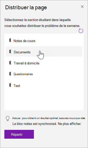 Choisissez une section étudiant dans le volet Distribuer la page.