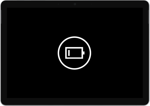 Écran noir avec une icône de batterie faible.
