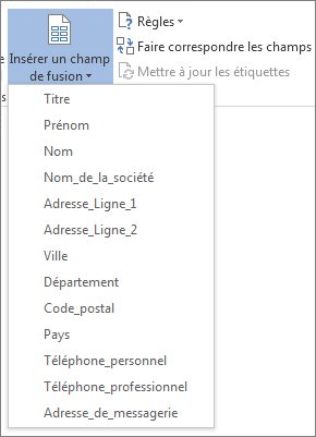 Menu Insérer un champ de fusion des champs disponibles
