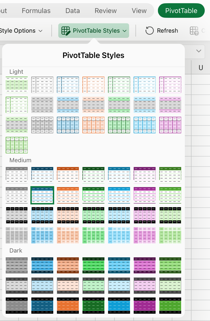 Galerie de styles de tableaux croisés dynamiques sur iPad