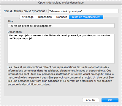 Boîte de dialogue Texte de remplacement pour un tableau croisé dynamique Excel.