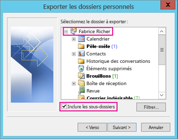 Sélectionnez le compte de courrier à exporter.