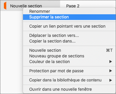 Menu contextuel Section sur Mac avec l’option Supprimer la section mise en évidence