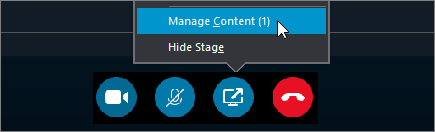 Capture d'écran montrant le menu Contenu du projet dans une réunion Skype Entreprise, avec l'option Gérer le contenu sélectionnée.