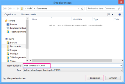 Tapez un nom pour votre fichier csv, puis cliquez sur Enregistrer.