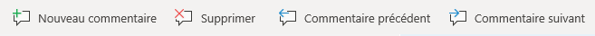 Les boutons de commentaire dans Windows Mobile : Créer nouveau commentaire, supprimer les commentaires en cours, accéder au commentaire précédent et accéder au commentaire suivant