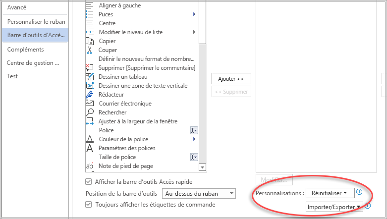 Réinitialiser et importer des champs d’exportation dans les options de fichier QAT