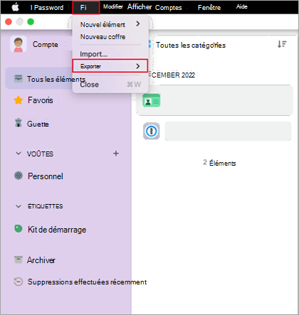 Menu Fichier de 1Password.