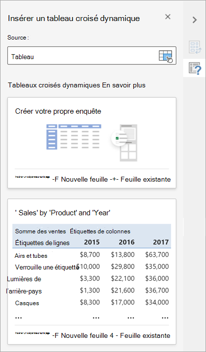 Le volet Insérer un tableau croisé dynamique vous permet de définir la source, la destination et d’autres aspects du tableau croisé dynamique.