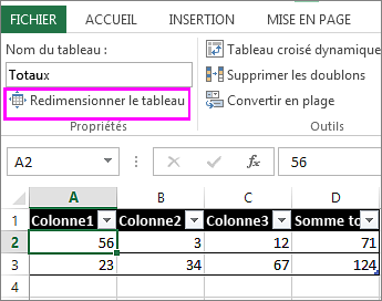 utiliser l’option redimensionner le tableau des Outils de tableau