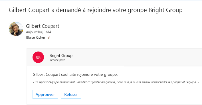 Un utilisateur peut découvrir un groupe et vouloir le rejoindre. Si le groupe est privé, le propriétaire reçoit un courrier incluant la demande. Le propriétaire peut approuver ou refuser la demande.