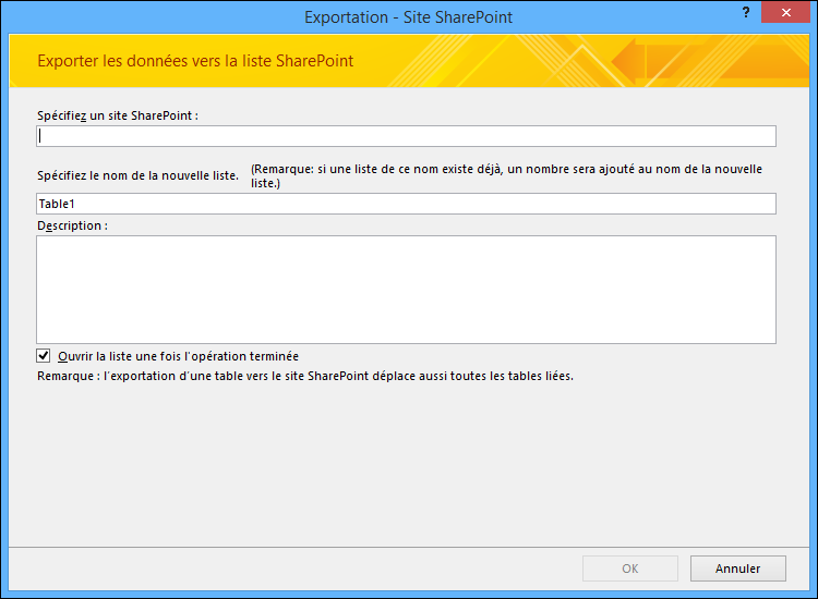 Spécifiez le site SharePoint vers lequel vous souhaitez exporter votre table ou votre requête Access.