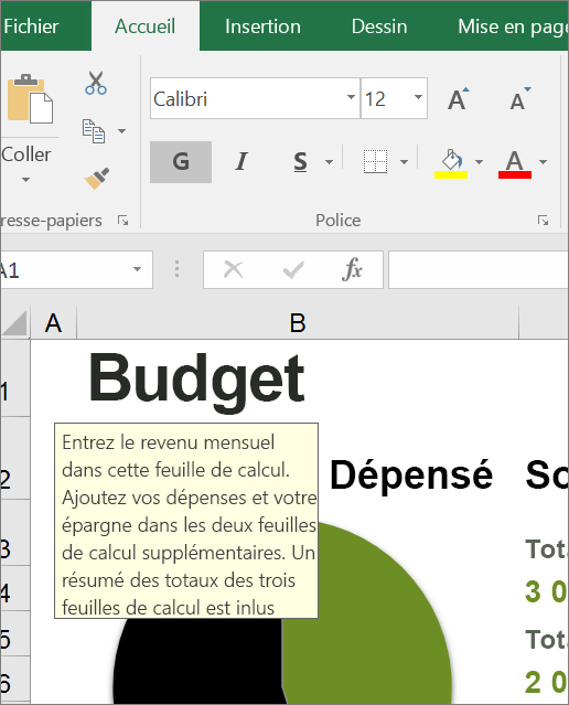 Capture d’écran de l’interface utilisateur d’Excel affichant une instruction prédéfinie