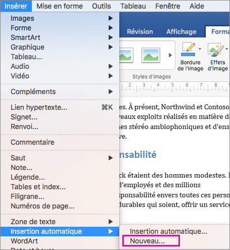 Le menu Insérer avec Insertion automatique > Nouveau est en surbrillance.