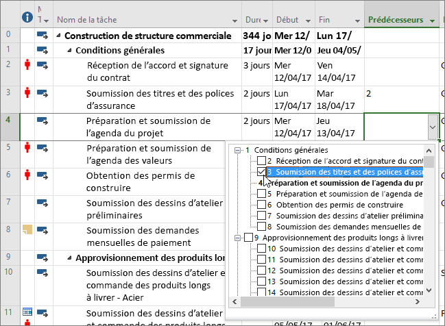 Capture d’écran du menu de liste déroulante de la colonne Prédécesseurs dans Project