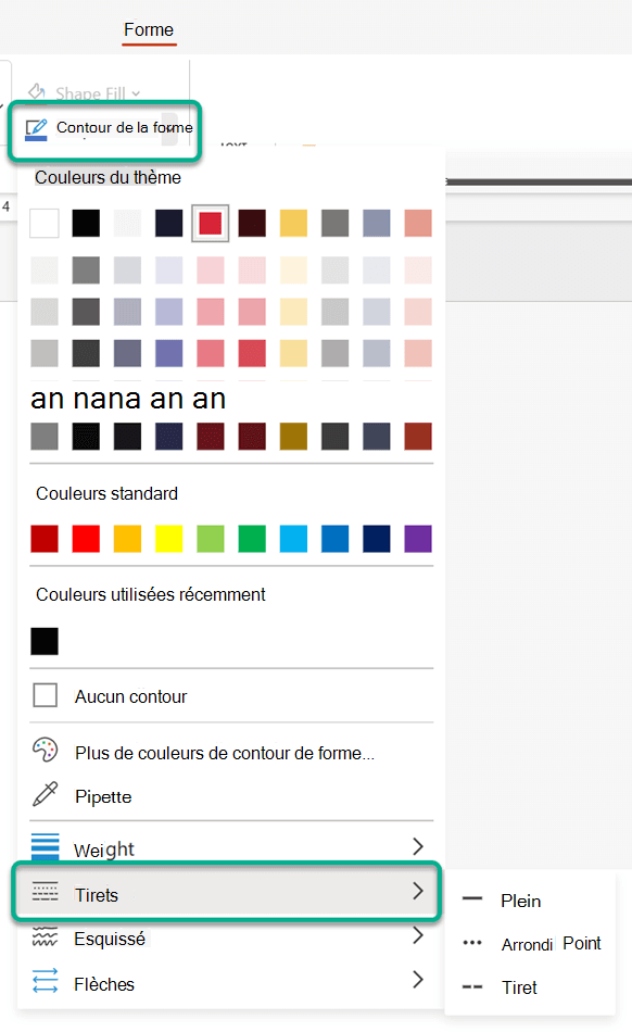 Sous l’onglet Forme, sous Contour de la forme, vous pouvez modifier une ligne pleine en pointillés ou pointillés.