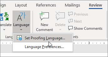 Sélectionnez Définir la langue de vérification dans le menu Langue sous l’onglet Révision.