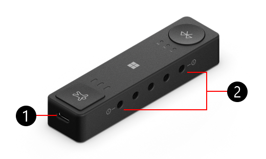 Hub adaptatif Microsoft avec des numéros pour identifier les caractéristiques physiques, en commençant par le port de chargement USB-C.