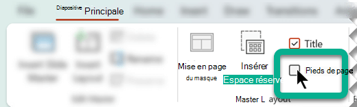Sous l’onglet Masque des diapositives, dans le groupe Disposition du masque, sélectionnez la zone Pieds de page.