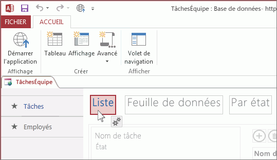 Sélection d’une vue dans Access.