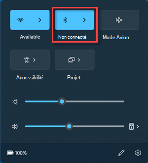 Bouton Bluetooth à l’état « Non connecté » dans Paramètres rapides.