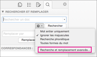 Dans la zone Rechercher et remplacer, l’option Fonction Rechercher et remplacer avancée est mise en évidence