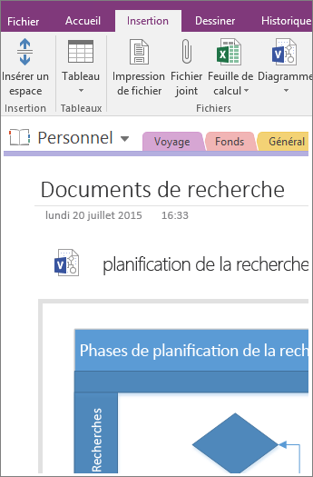 Capture d’écran de l’ajout d’un diagramme Visio existant dans OneNote 2016