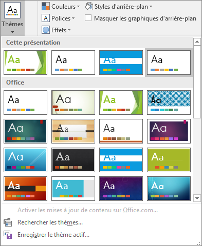 Affiche les options de thèmes de masque des diapositives dans PowerPoint