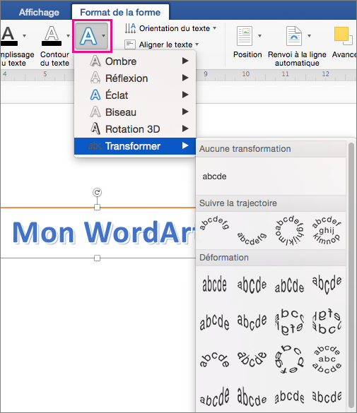 Option Effets du texte mise en évidence sous l’onglet Format de la forme.