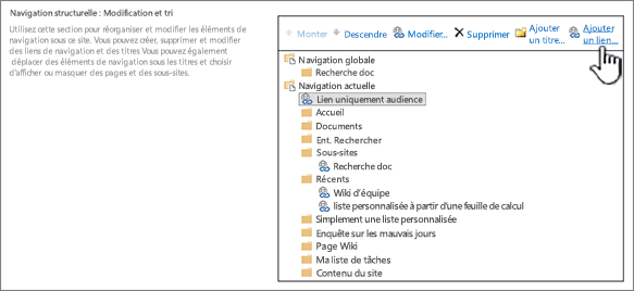 Sous Navigation structurelle dans les paramètres de navigation, avec Ajouter un lien mis en évidence