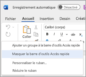 Image de l’option permettant de masquer la barre d’outils Accès rapide