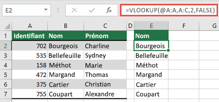 Utilisez l'opérateur @, et recopiez : =VLOOKUP(@A:A,A:C,2,FALSE). Ce style de référence fonctionnera dans les tableaux, mais ne retournera pas un tableau dynamique.