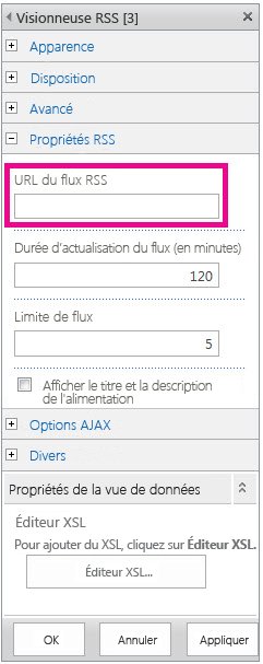 Propriétés du composant WebPart Visionneuse RSS