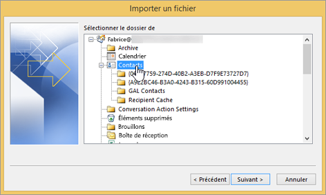 Lorsque vous importez des contacts Google Gmail dans votre boîte aux lettres Office 365, sélectionnez la destination Contacts