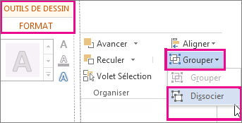 Option Dissocier sous l’onglet Outils de dessin - Format