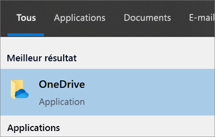 Capture d’écran de la recherche de l’application de bureau OneDrive dans Windows 10