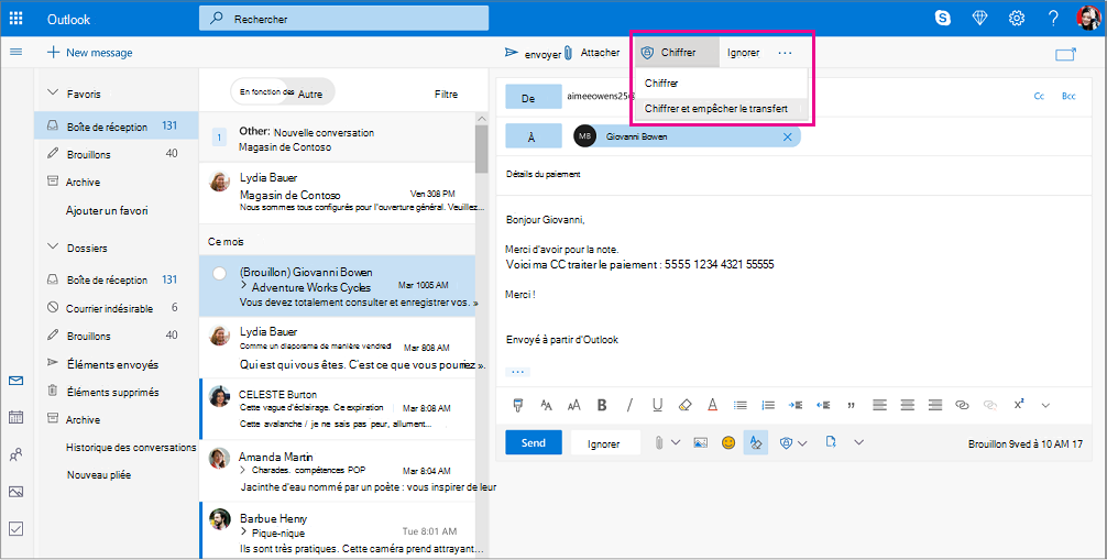 Outlook reading pane with encryption options highlighted