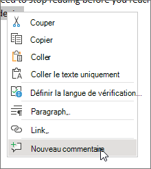 Sélectionnez Nouveau commentaire dans le menu contextuel